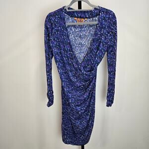 Tory Burch Silk Faux Wrap Dress Long Sleeve Draped Blue Purple Career Travel Med